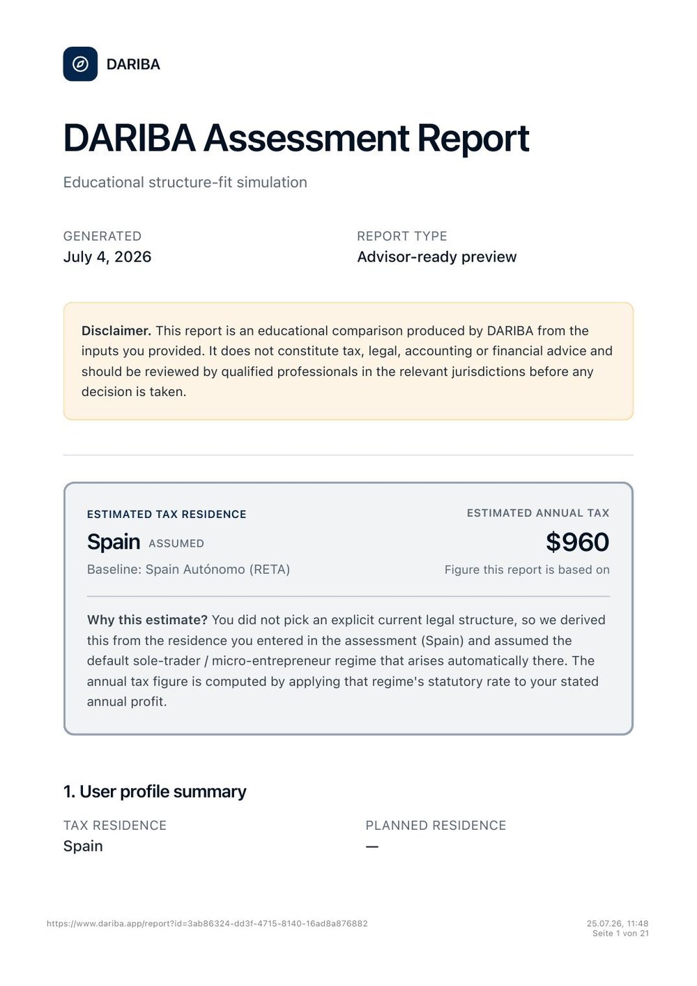 Preview of the report cover and personalized tax estimate.